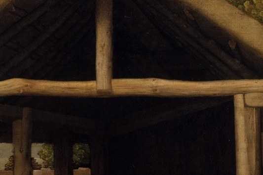 Deep creases and subdued expression convey witness rather than participant; his remoteness from the infant's light models the viewer's own reverent distance
