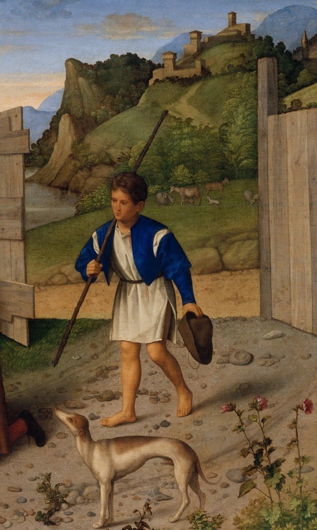 His vertical staff cuts through the composition and his gaze leads the eye leftward toward the infant; the warm blue contrasts deliberately with Mary's cooler blue