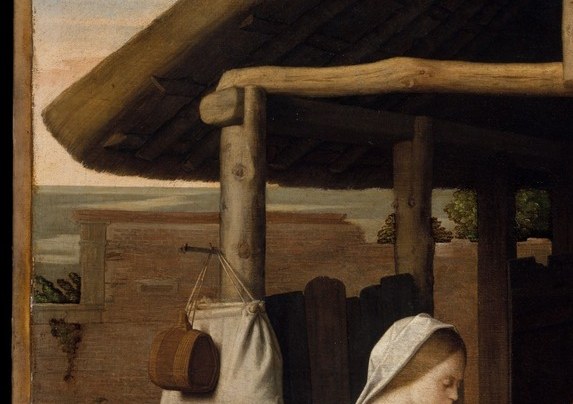 Her lowered gaze and tilted head carry the emotional center of the scene , quiet reverence rather than theatrical display, Catena's humanist touch