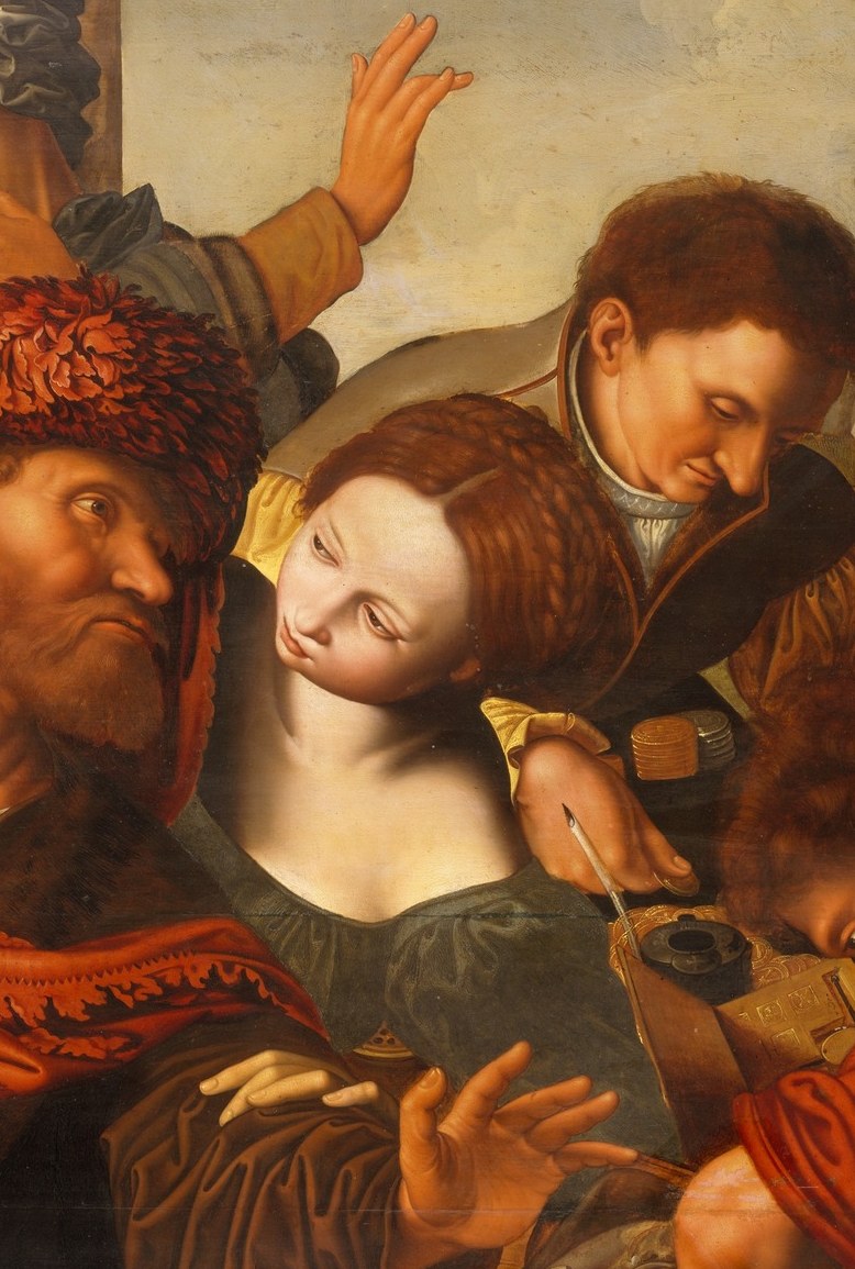 Her pale garments and central placement make her the compositional light-source of the scene; her gaze bridges the earthly left and the divine right.