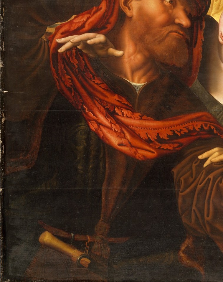 Virtuoso Flemish textile painting , the swirling red cloth dominates the lower left and demonstrates bravura control of gathered fabric folds.