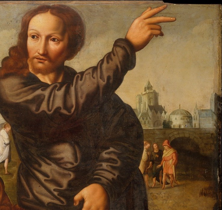 His upraised arm echoes and relays Christ's gesture upward toward God , a directional chain from earth to heaven encoded across the canvas.