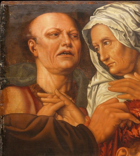 Her wide-eyed, slightly parted-mouth expression is the clearest index of surprise in the painting , the viewer's surrogate reacting to the miraculous call.