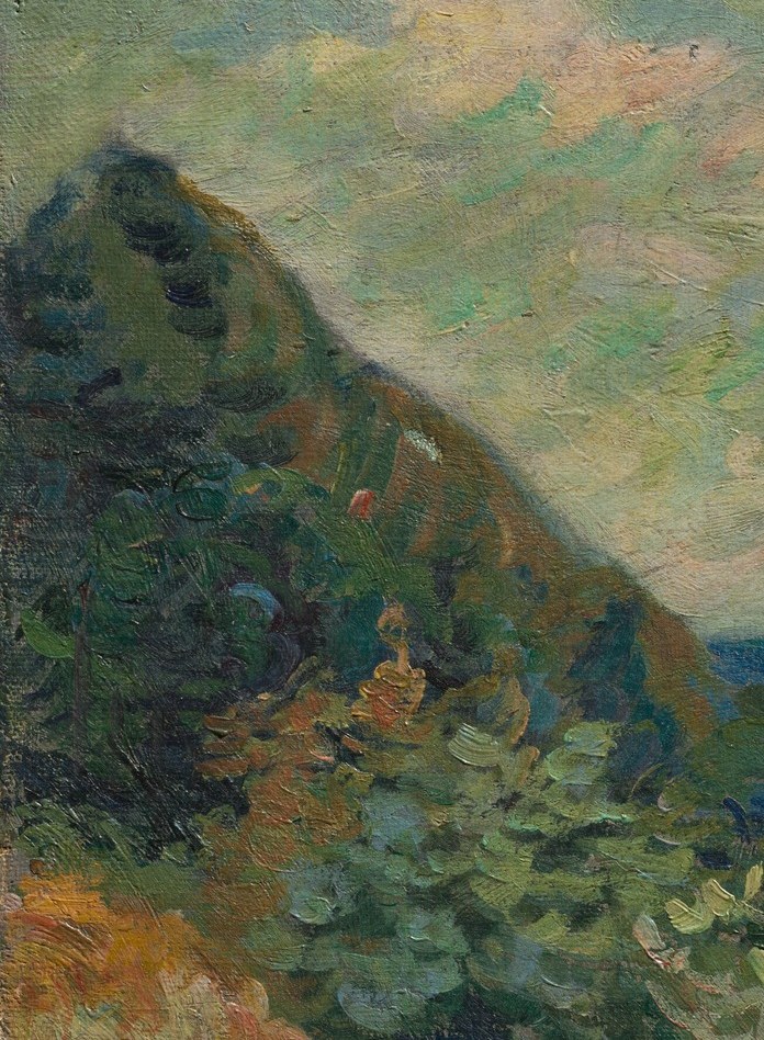 Warm ochre and sienna impasto contrasts with the cool river; the rough texture reveals how thickly Guillaumin loaded his brush to suggest geological weight