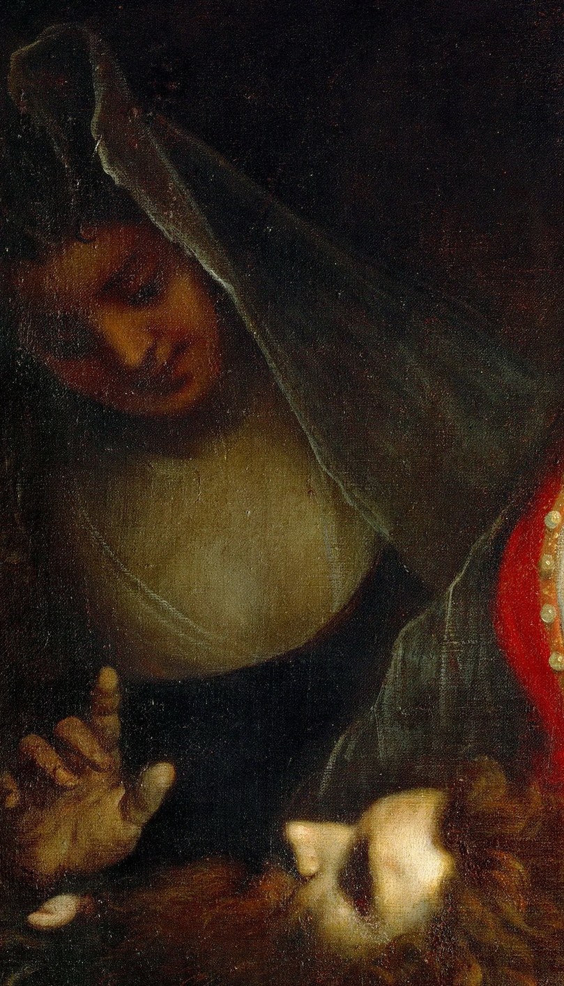 A veil adds mystery to the shadowed witness.