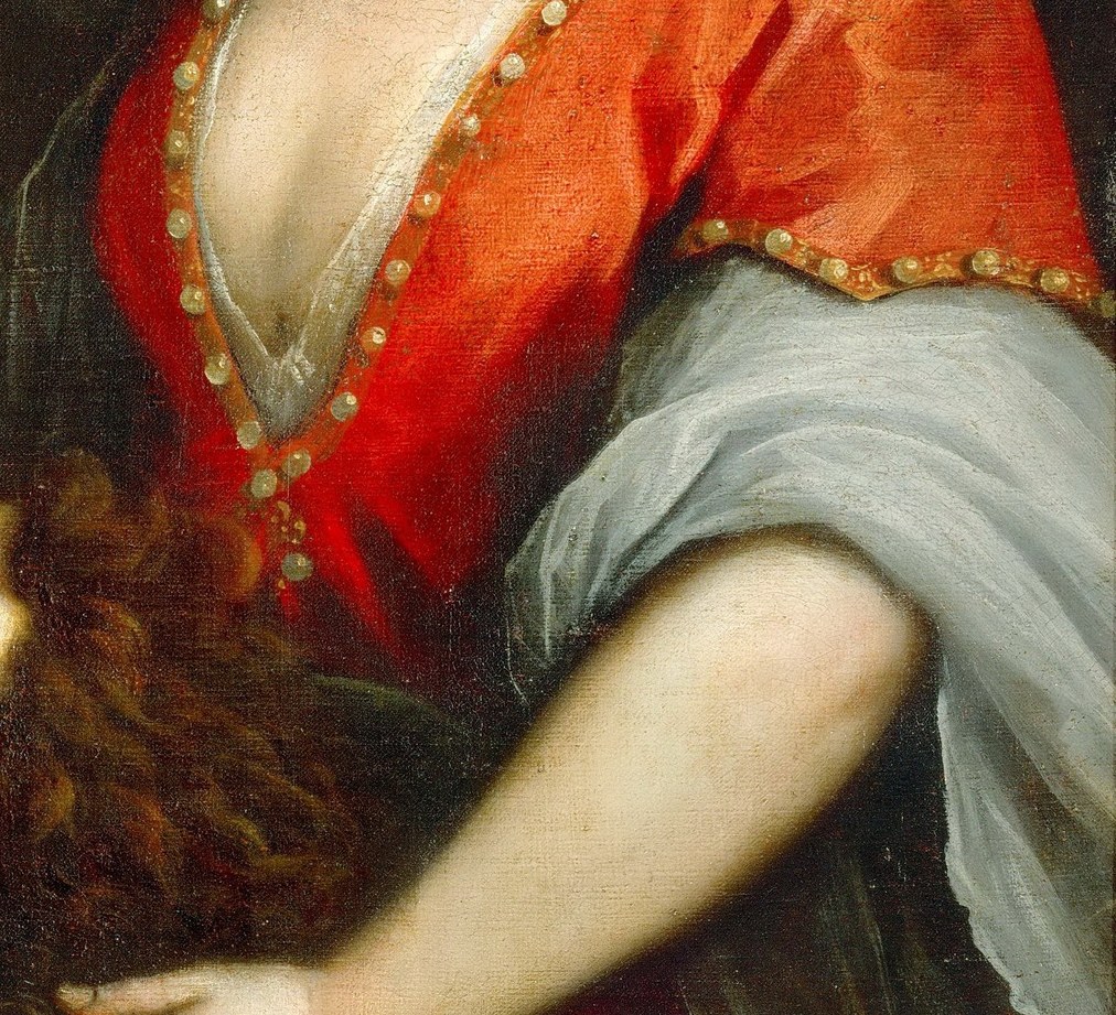 The vibrant red fabric, adorned with pearls, draws the eye and contrasts sharply with the darker tones, highlighting her central role.