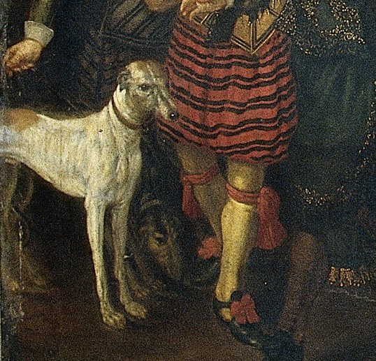 The dogs suggest a noble hunting party or a display of loyalty.