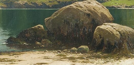 The most tactile passage in the painting , rough granite texture against the glassy water dramatizes the contrast between hard earth and fluid sea.
