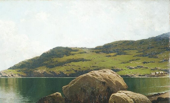 The dominant topographic mass that anchors the composition; its soft green contrasts with the pale sky and locates the scene on a specific rocky Atlantic coast.