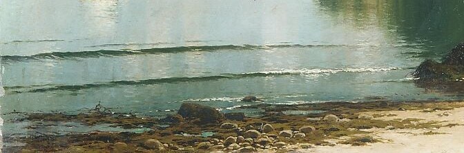Low-tide exposed sand reflects sky-light subtly; Bricher uses this horizontal plane to pull the viewer's eye deep into the picture without a figure.