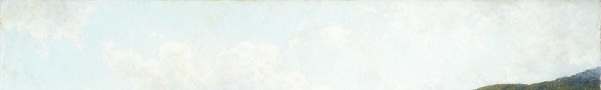 The sky occupies nearly a third of the canvas; its cool silvery pallor is the source of the scene's pervasive light and a signature Luminist atmospheric device.