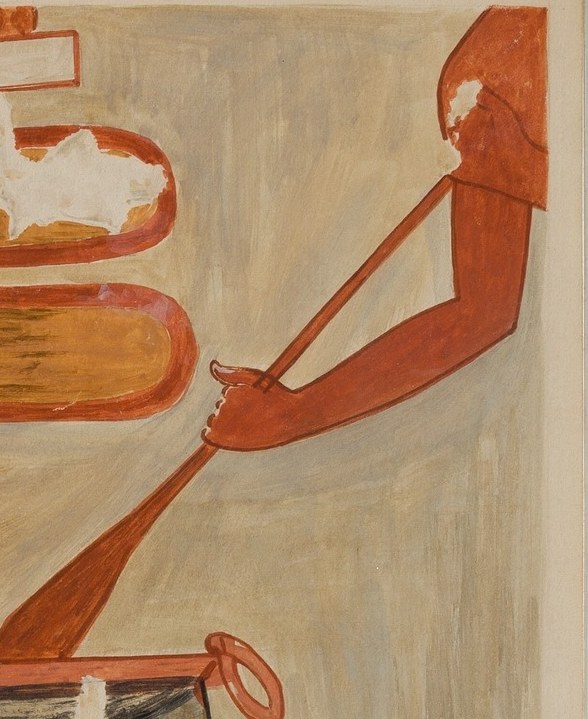 Nearby, another figure stirs ingredients in a large, decorated pot.