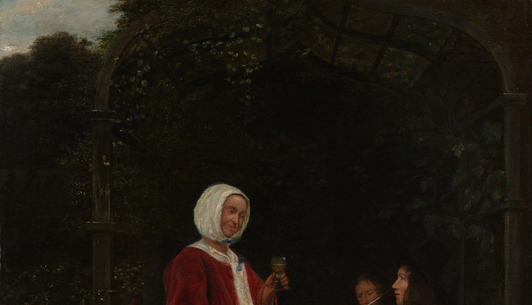 The architectural frame of the scene; de Hooch uses the dappled canopy to control light falling on the figures below