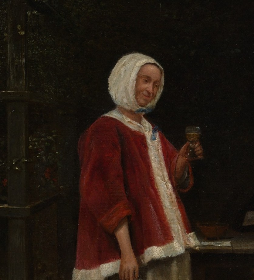 De Hooch's hallmark red garment; the saturated color against the muted garden background shows his mastery of local color and fabric texture