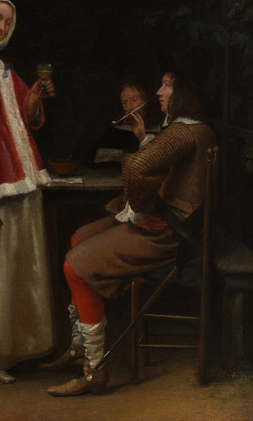 His relaxed, leaning posture contrasts with the woman's formality, suggesting leisure and social ease in a garden setting