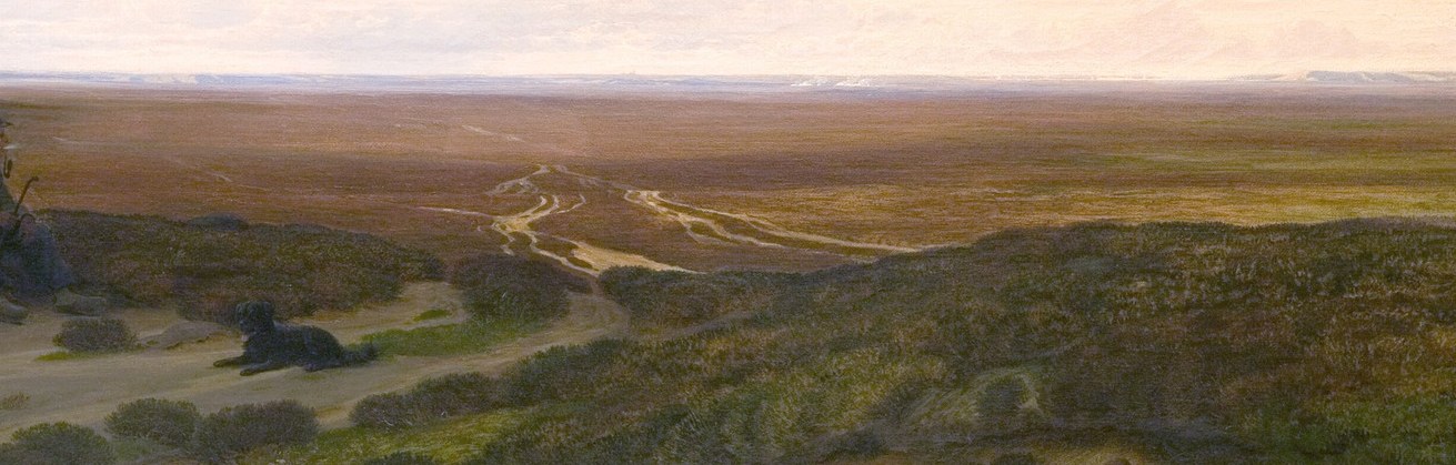 The expansive, muted tones of the heath create a sense of depth and the wild, untamed nature of the location.
