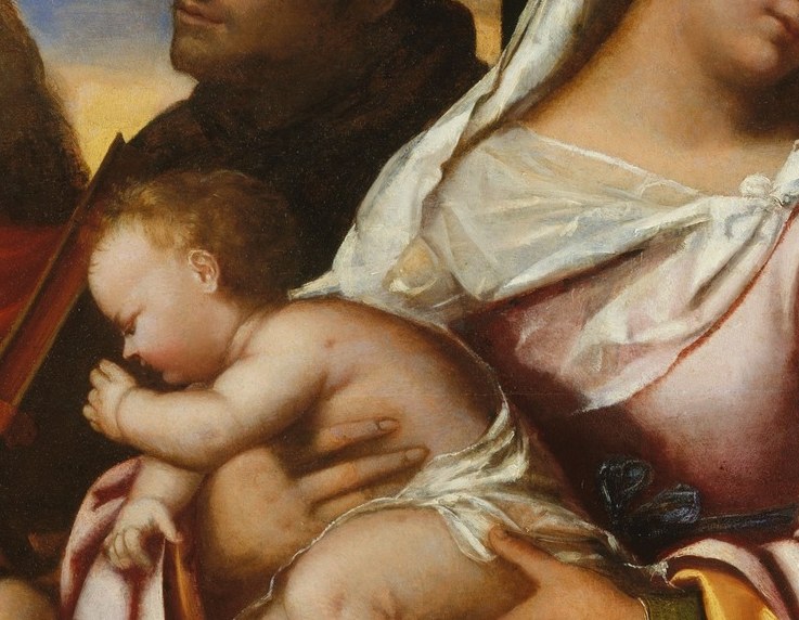 Active, turning infant body demonstrates early foreshortening ambition; nakedness signals both human vulnerability and divine incarnation simultaneously