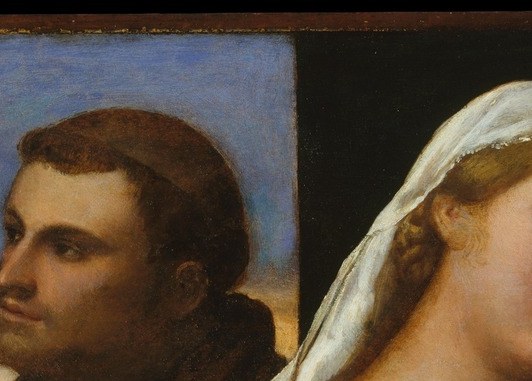 Soft Venetian tonal flesh modeling; her serene downward gaze anchors the composition's emotional register and marks del Piombo's pre-Roman softness