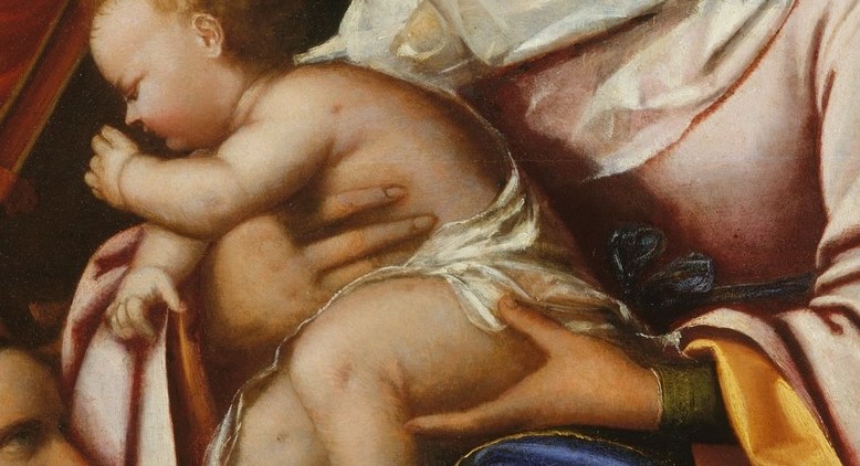 Compositional center of gravity; the tender support gesture is where Venetian softness is most legible and would repay a slow camera hold