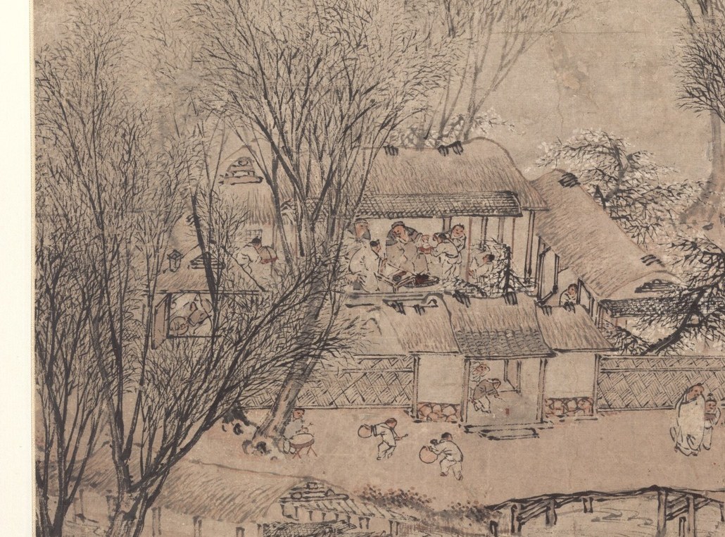 The delicate rendering of bare branches suggests winter and evokes a sense of quietude or anticipation for spring.
