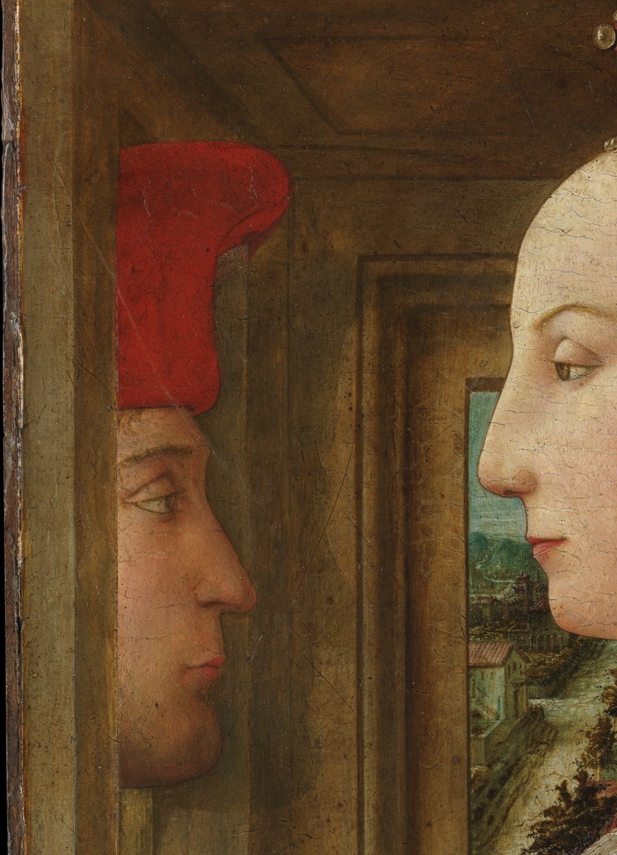 The narrative surprise of the work , a secondary figure, probably the husband or patron, peers in from behind a window ledge, framing the woman as if presenting her. His partial visibility creates an implicit social hierarchy.