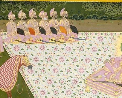 The painting's focal authority , his green robes and central placement encode rank above the geometric sea of white-clad attendants surrounding him.