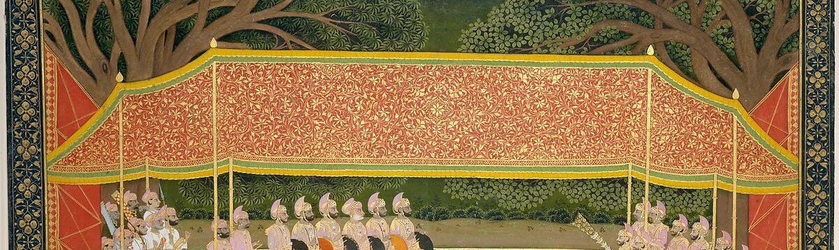 Transforms open ground into a palatial enclosure; the striping and gold fringe signal the highest ceremonial register available at the Rajput court.