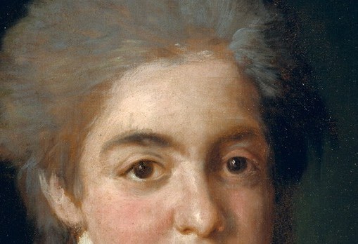 The meticulously styled and powdered hair signifies aristocratic fashion and status of the era.