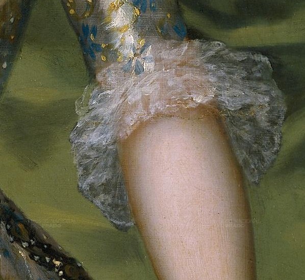 She holds a delicate fan, a symbol of her courtly life.
