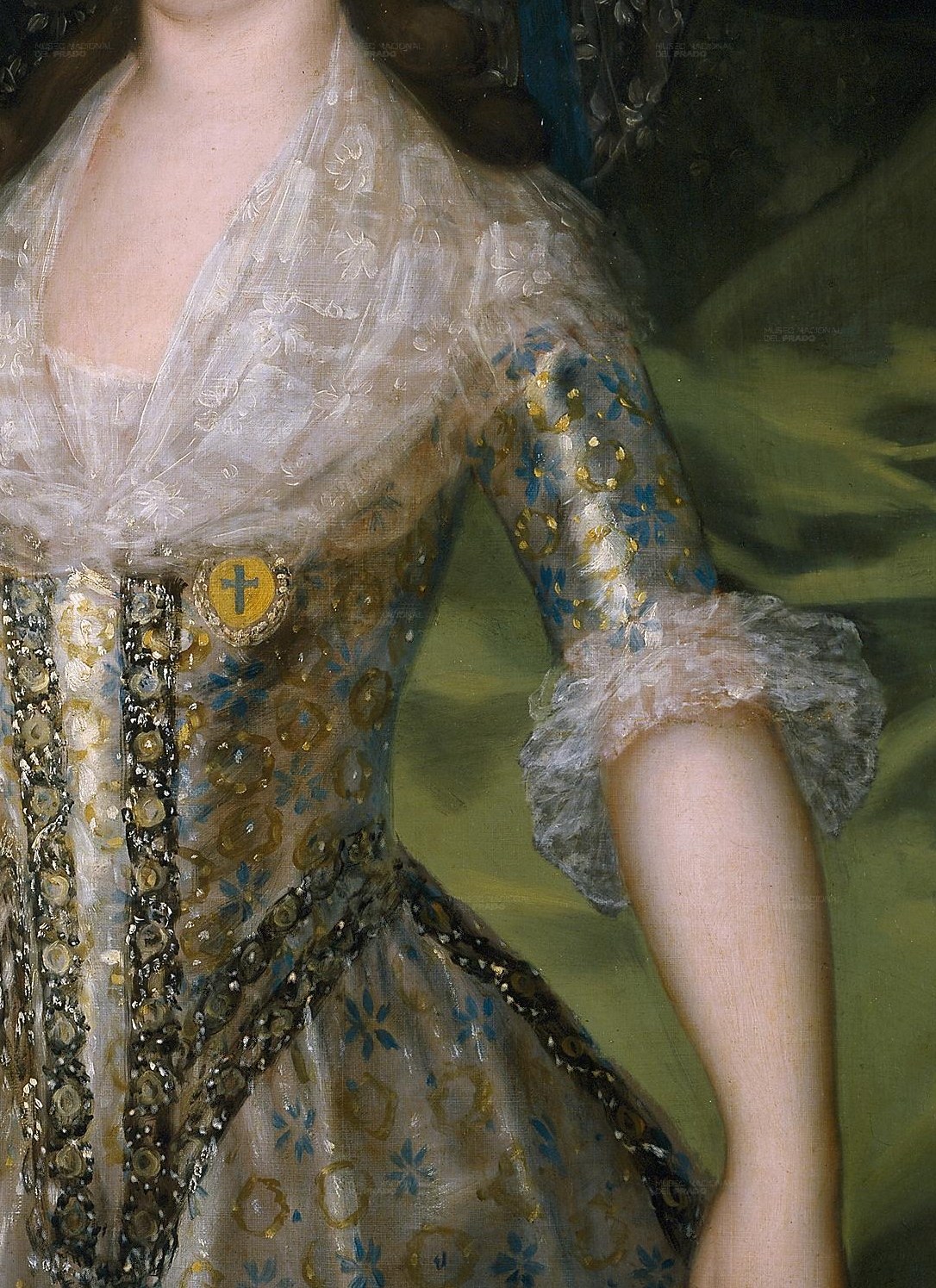The intricate fabric and shimmering details highlight the queen's wealth and the artist's skill in rendering texture.