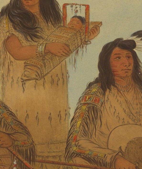 Nearby, a woman holds a box, perhaps carrying a sacred item.
