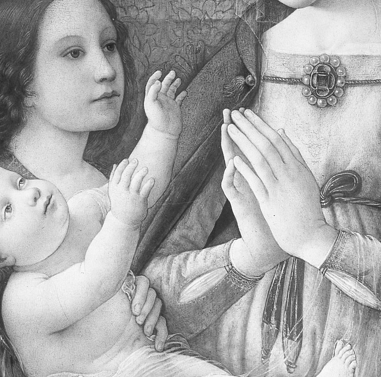 The infant Jesus reaches up to her face.