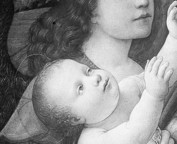 One angel touches Mary's sleeve with care.