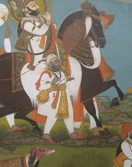 Dynamic rearing pose gives the composition energy; contrasting with white horse creates bold chromatic anchor