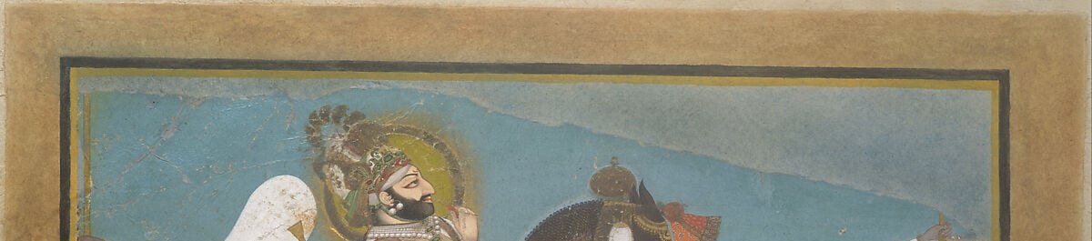 Flat gold leaf or gold paint background is the defining technical hallmark of this Devgarh Rajput style; replaces naturalistic sky with divine light