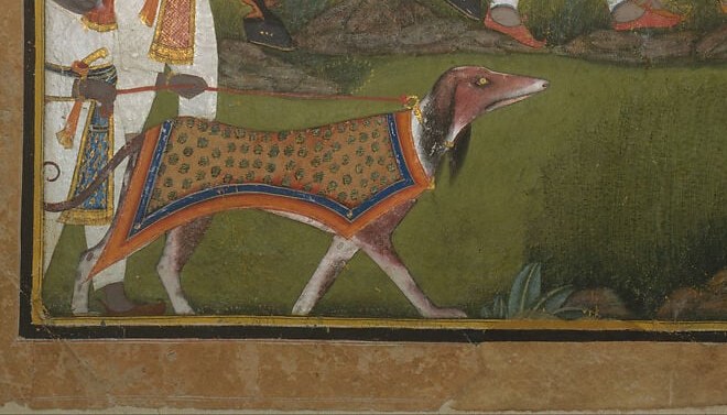 Alert, straining postures convey imminent action; cheetah-like spots suggest they may be depictions of trained hounds or even a cheetah companion