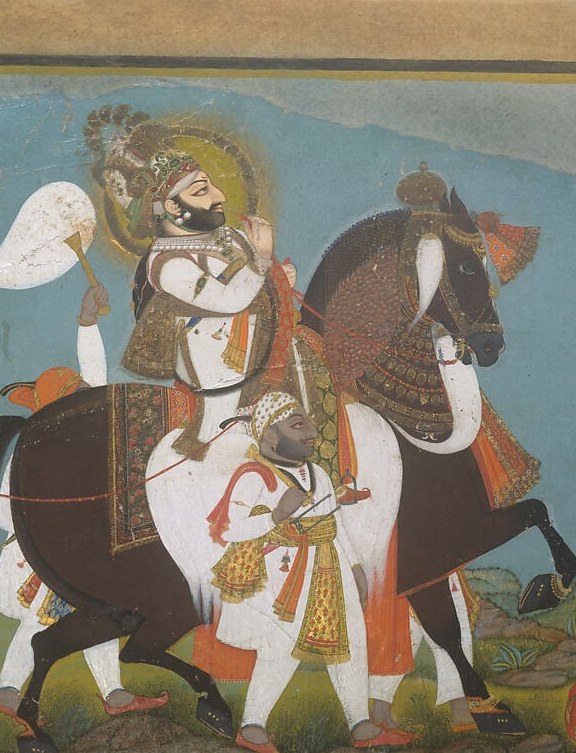 Central figure of royal authority; serene posture atop a rearing dark horse signals command and controlled power