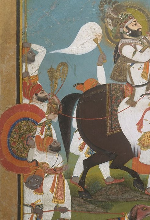 Brilliantly rendered white coat against dark ground; elaborate textile trappings show the goldwork characteristic of Rajput manuscript painting