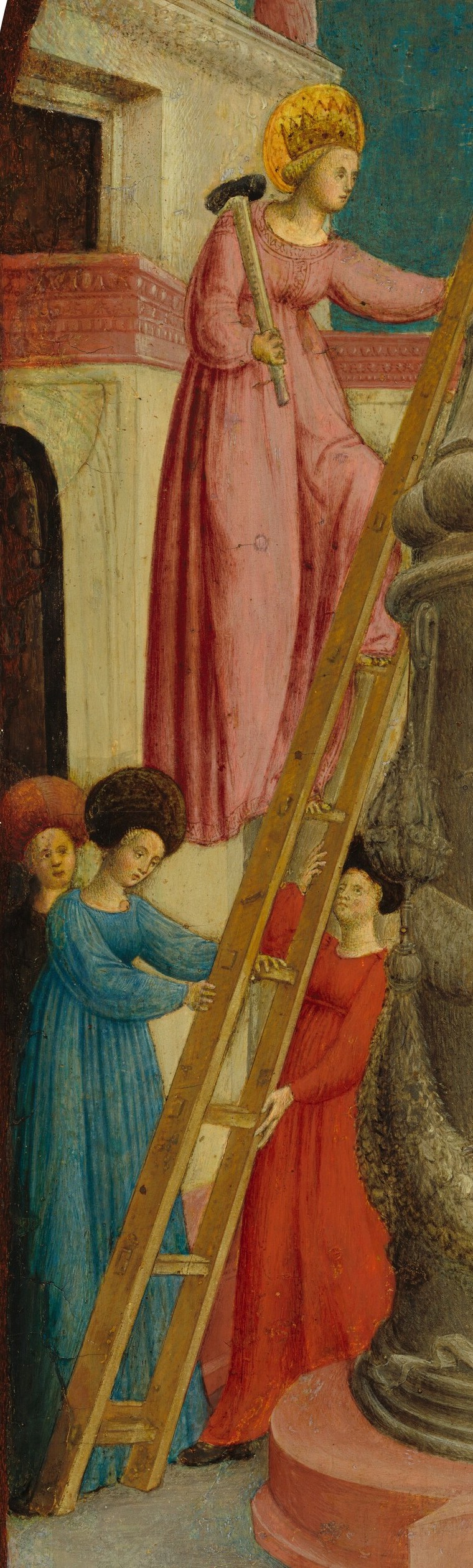 The protagonist , her full-body upward reach toward the idol is the compositional engine of the narrative, conveying determined physical agency in an act of faith.
