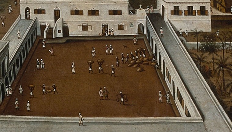 Figures in the courtyard perform various tasks.