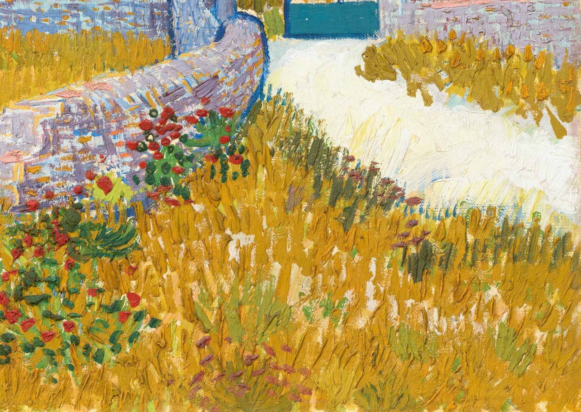 A strong diagonal that pulls the viewer's gaze from foreground to gate; the chalky white is the painting's most luminous value and anchors the spatial recession.