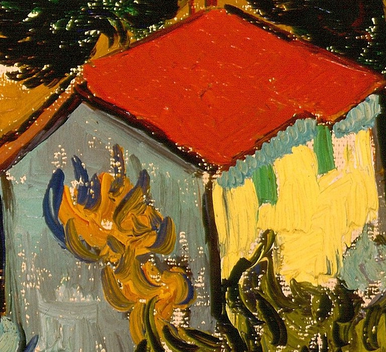A focal point of the composition, its bright red roof stands out against the landscape, suggesting a dwelling and human presence.
