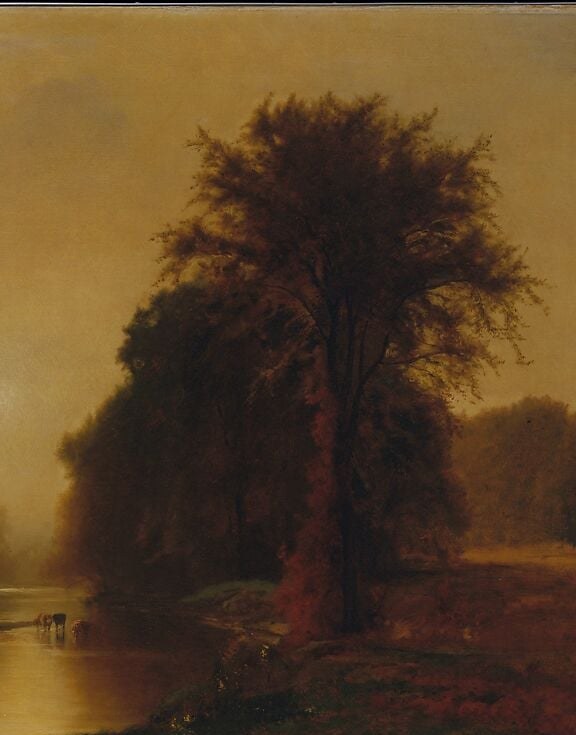 The painting's structural anchor , its dark silhouette against amber light creates the primary tonal drama and gives the composition its asymmetric weight.