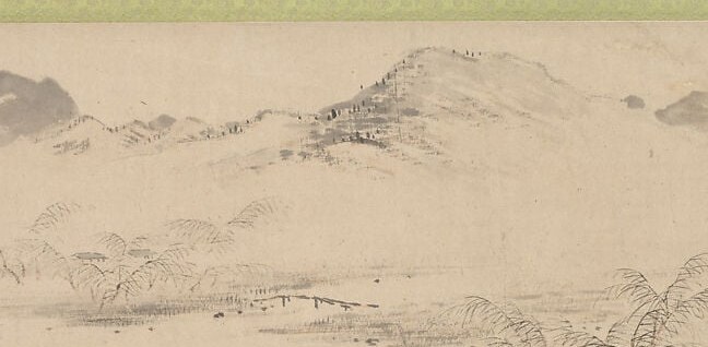 The river and mist are not painted. They are the raw scroll.