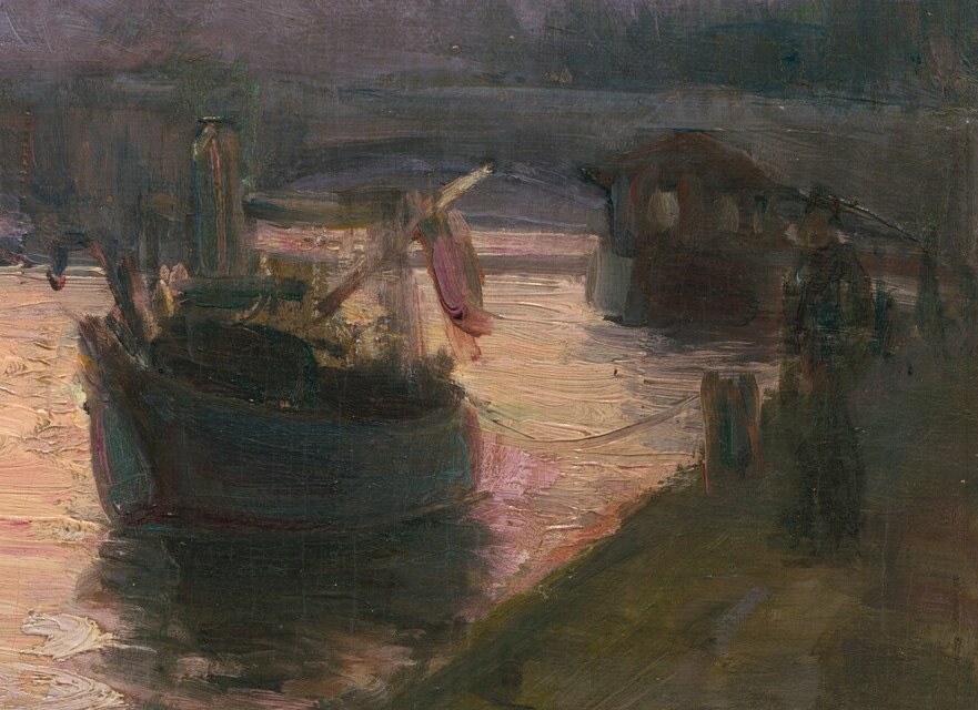 The only solid, close object in the scene; its bulk grounds the painting spatially and hints at the working life of the Seine that Tanner otherwise elides.