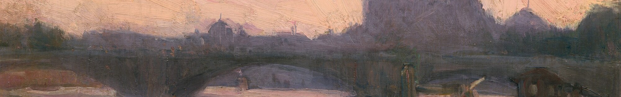 The painting's most liminal zone: buildings, sky, and water all blur into a single luminous band, the visual device Tanner uses to evoke atmosphere over accuracy.