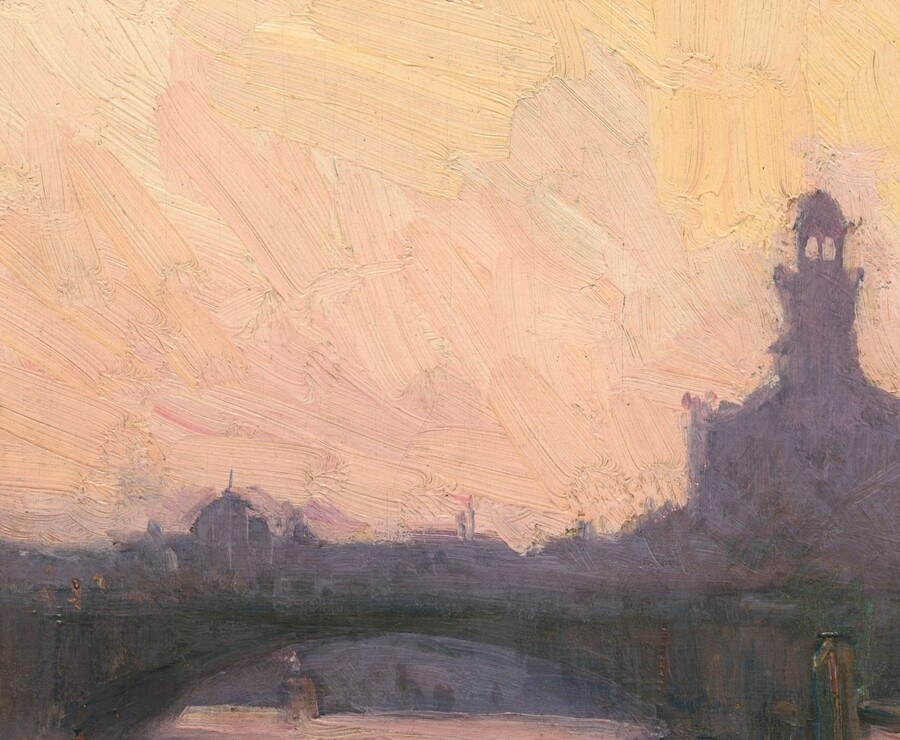 The defining landmark of the composition , Tanner painted these towers as a personal record of his adopted city, their ornate profile dissolving in haze like a memory rather than a monument.