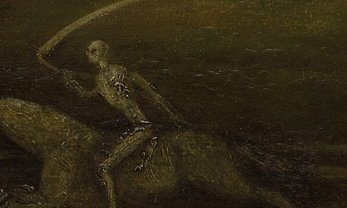 He shows Death on a pale horse, riding into a storm.