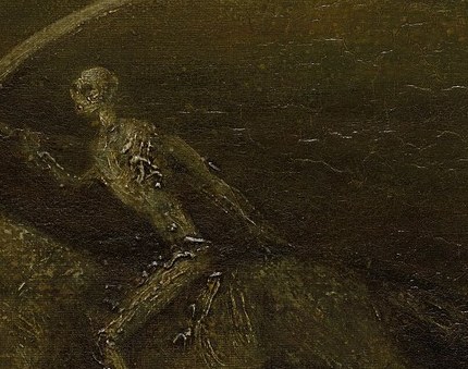 The stark, bony form of the rider emphasizes mortality and the ephemeral nature of life.