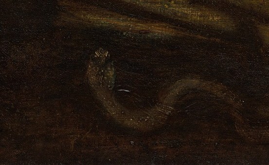 There, a faint snake-like form appears in the gloom.